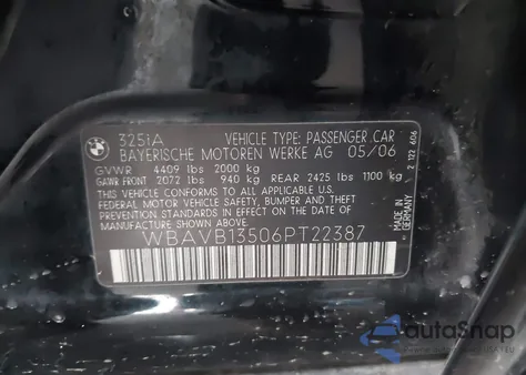 2006 BMW 325I from USA, damaged, VIN WBAVB13506PT22387